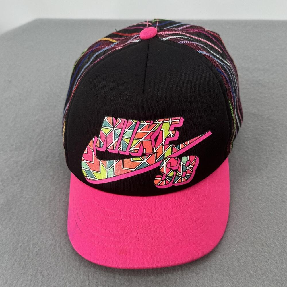 Nike SB Youth Trucker Hat Snapback Mesh Stripe Black Pink Cap Boys Adjustable - Picture 1 of 12